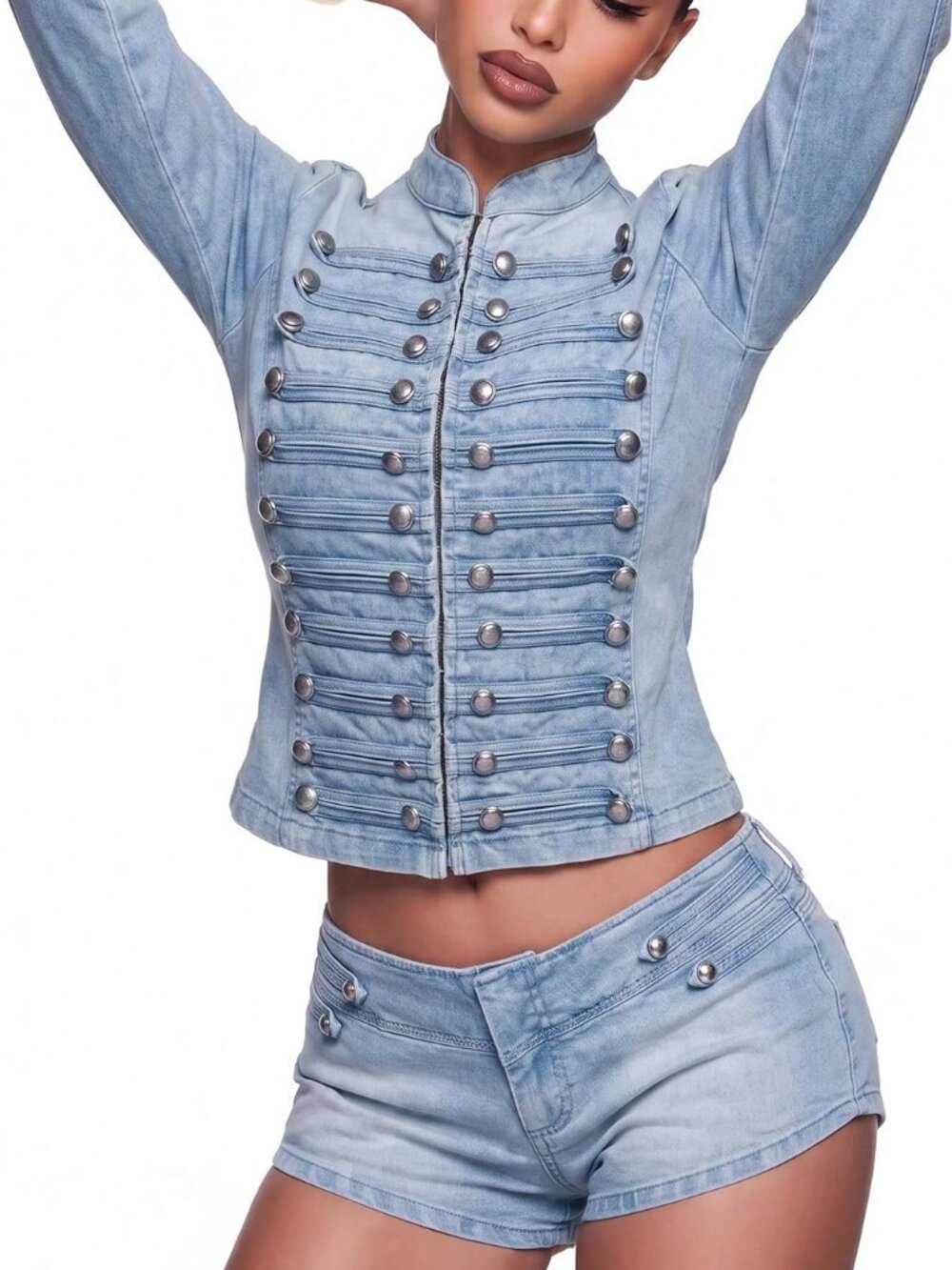 Blue Cute Women's Studded Decor Casual Long Sleeve Jacket - Picture 3 of 6